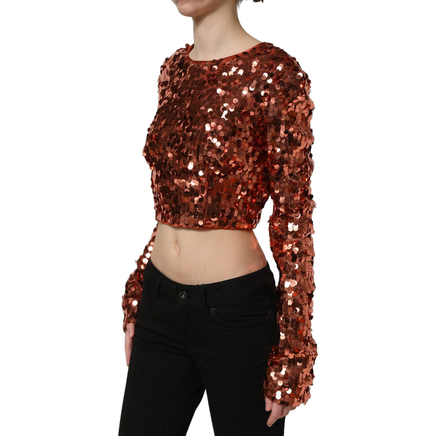 Red Sequined Long Sleeves Crop Blouse Top