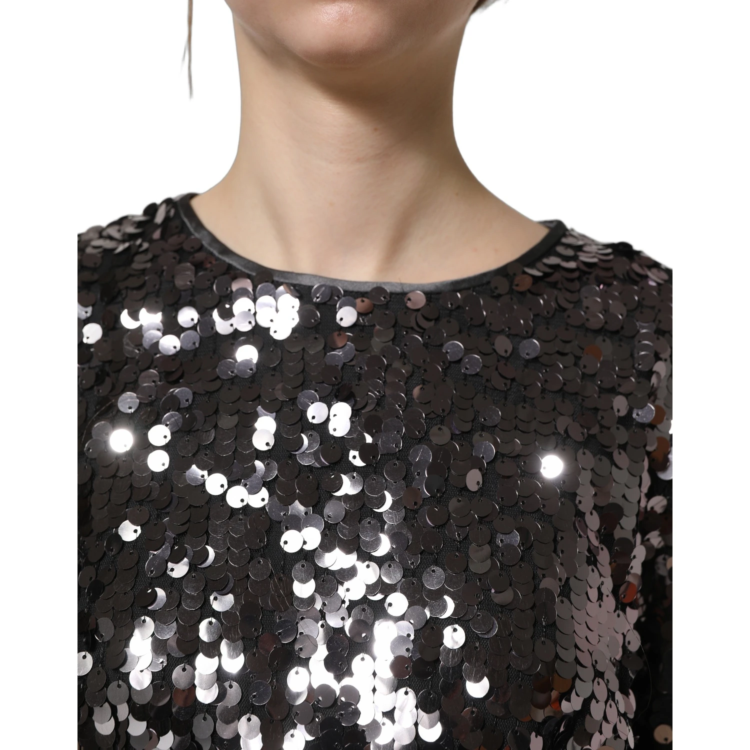 Black Sequined Long Sleeves Crop Blouse Top