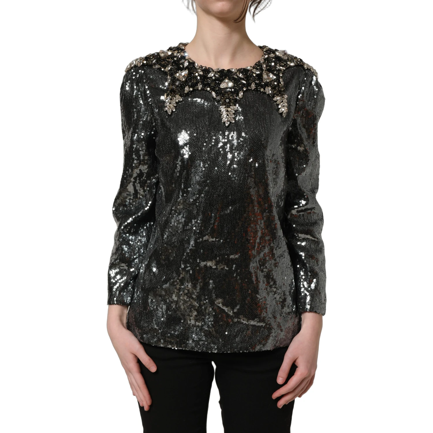 Metallic Gray Sequin Embellished Blouse Top