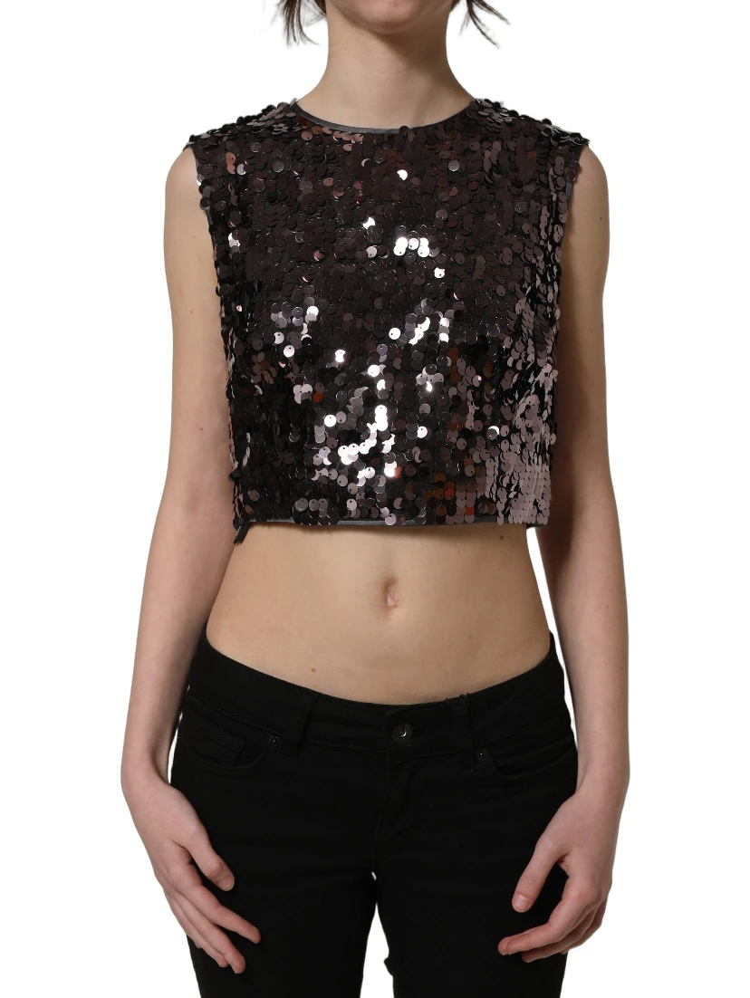 Purple Sequined Sleeveless Cropped Tank Top