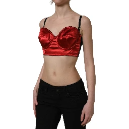 Red Polyester Satin Bustier Cropped Tank Top