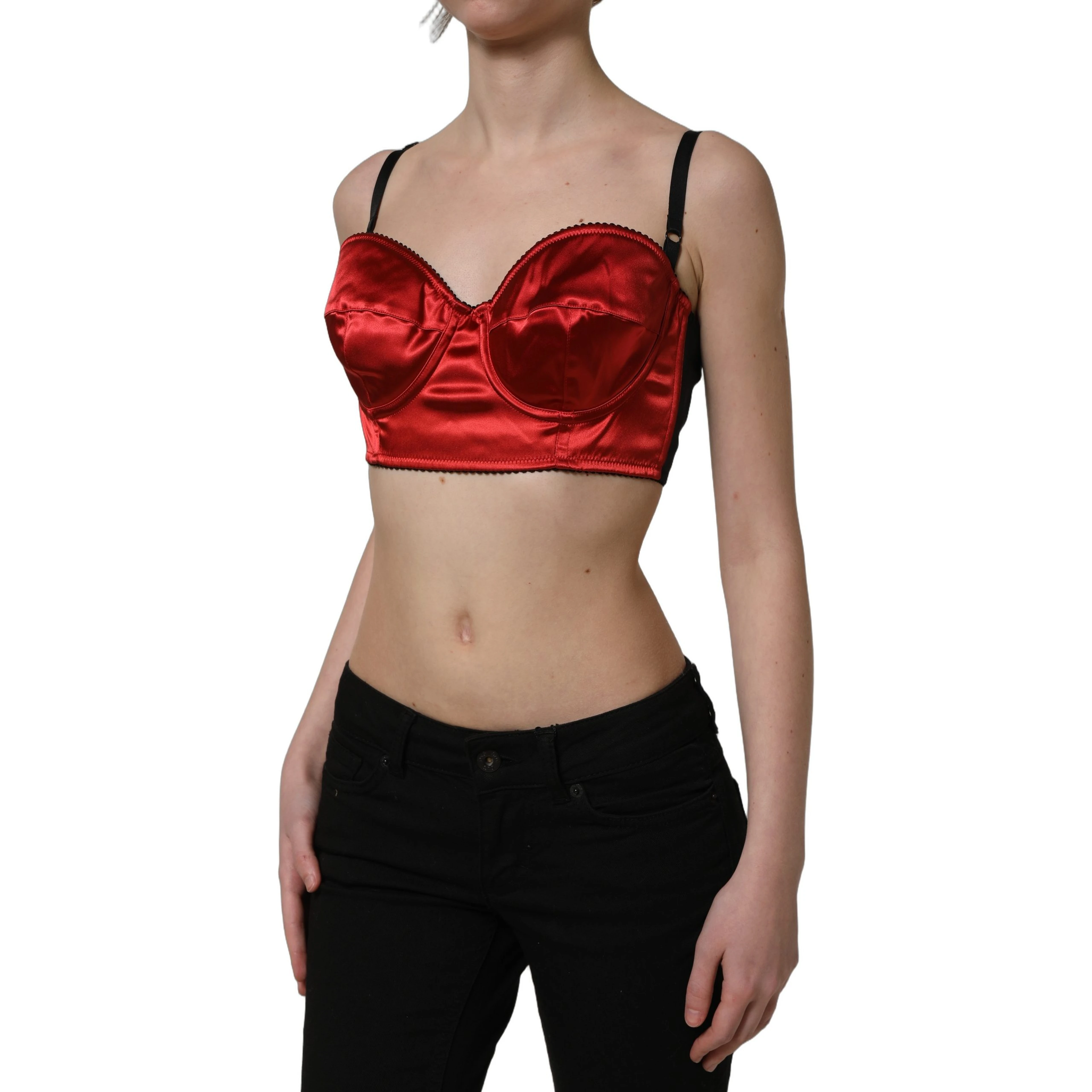 Red Polyester Satin Bustier Cropped Tank Top