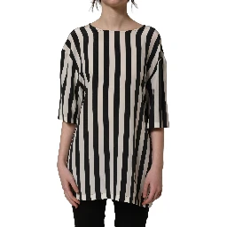 Black White Stripes Round Neck Blouse Top