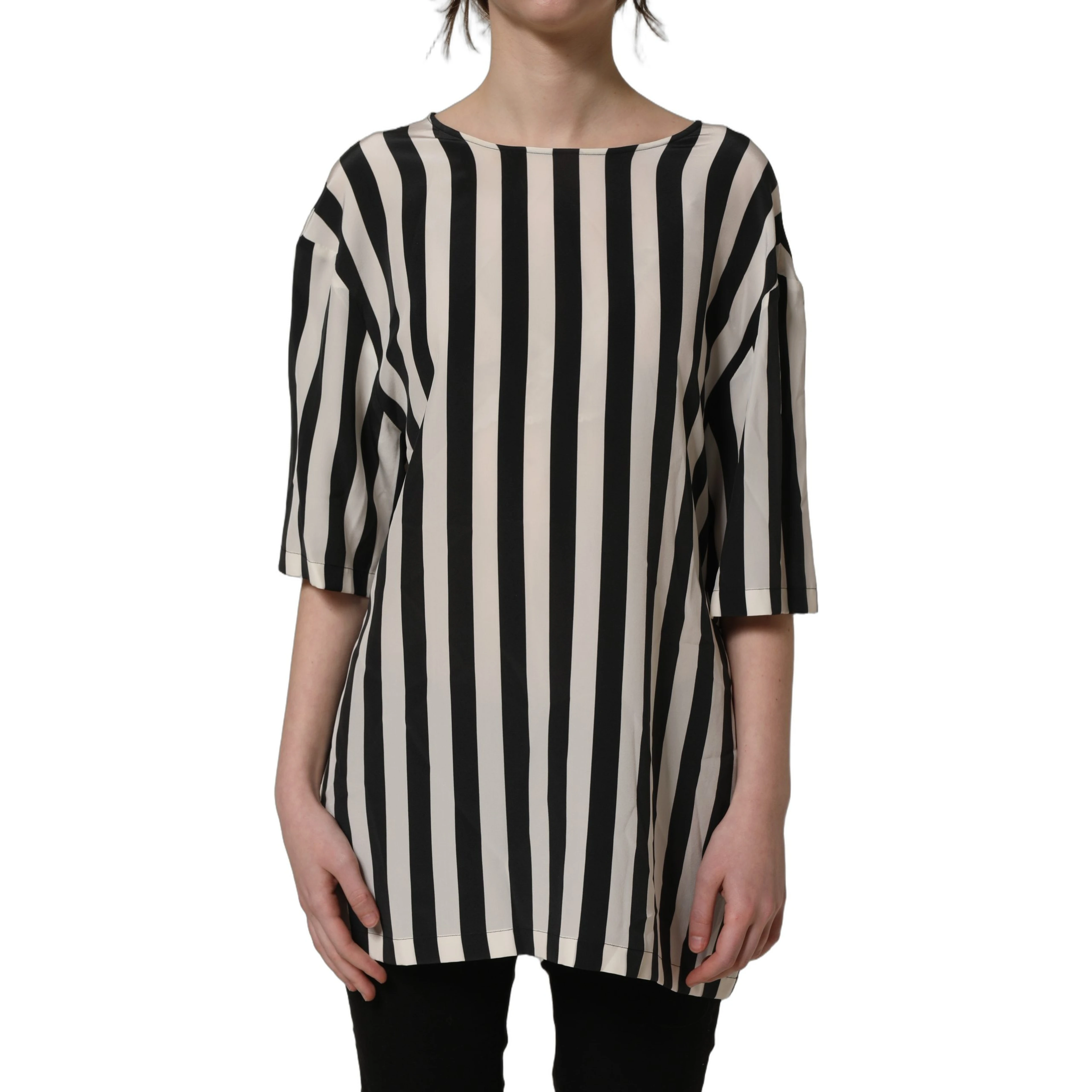 Black White Stripes Round Neck Blouse Top