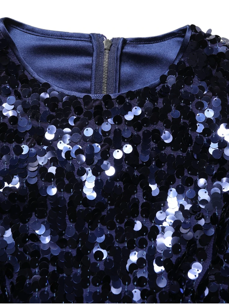 Blue Sequined Long Sleeves Crop Blouse Top
