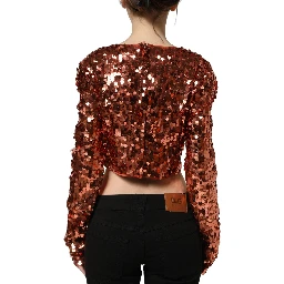 Red Sequined Long Sleeves Crop Blouse Top
