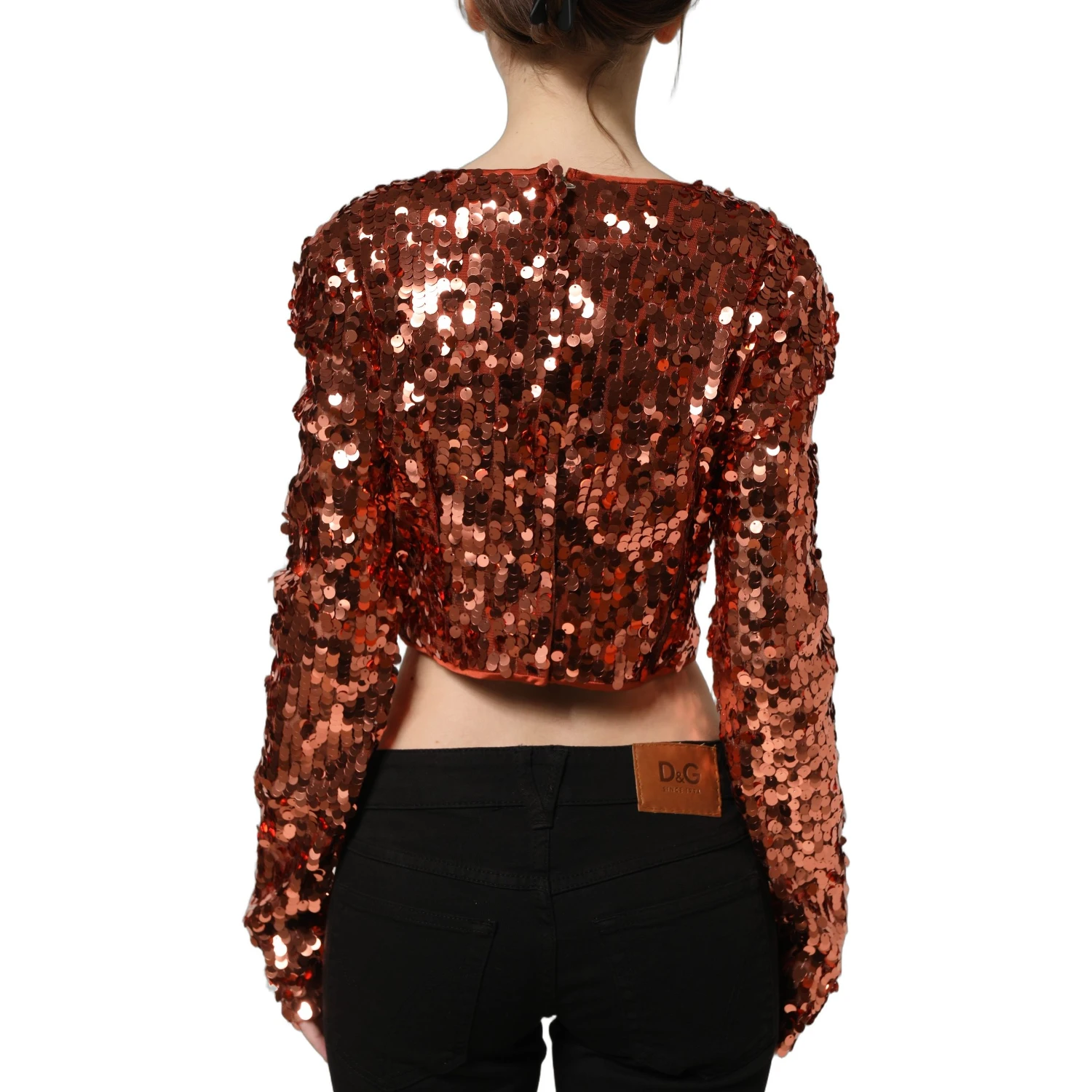 Red Sequined Long Sleeves Crop Blouse Top