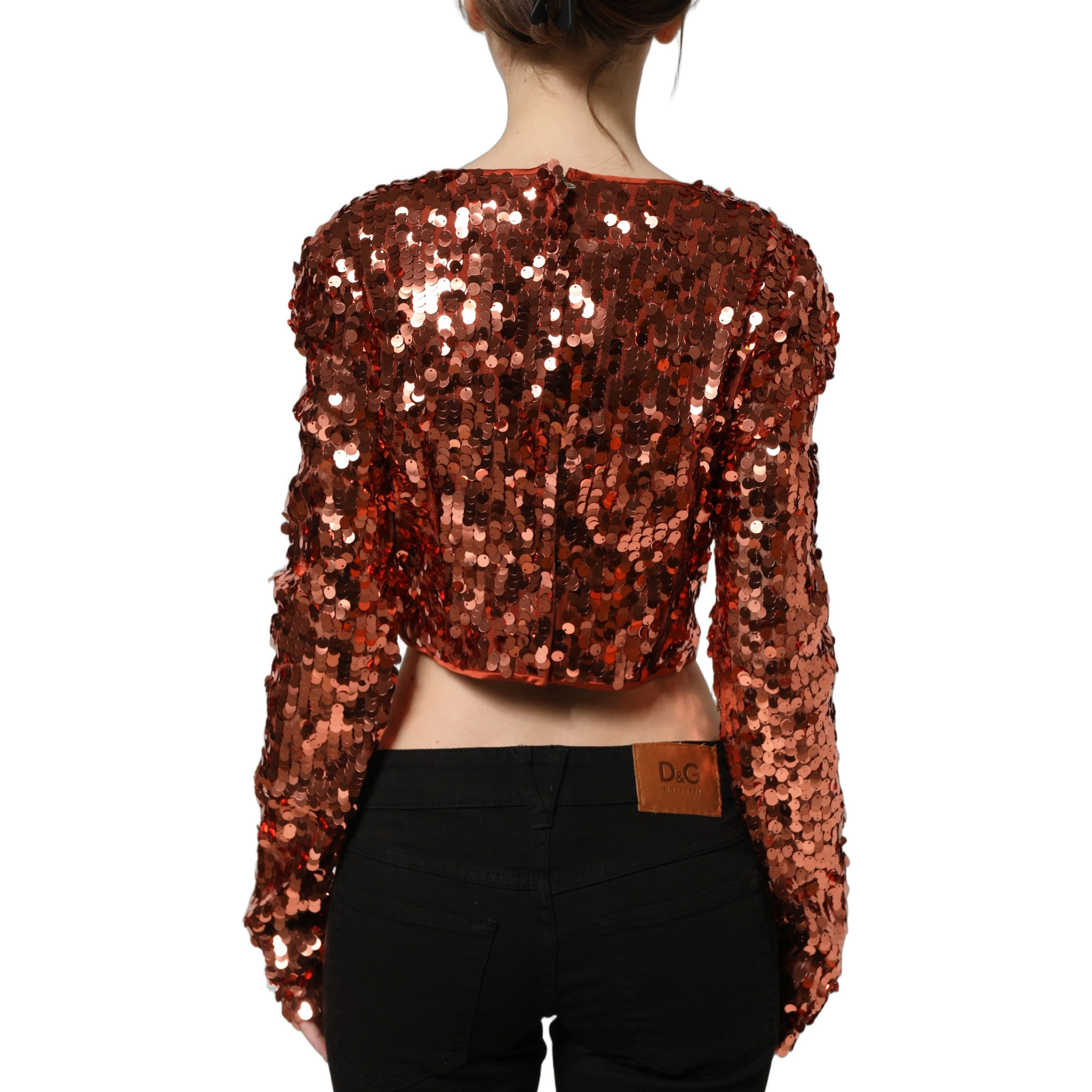 Red Sequined Long Sleeves Crop Blouse Top