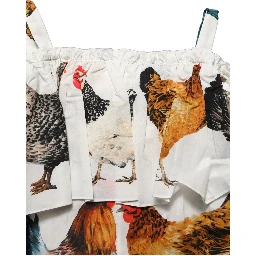 White Rooster Print Poplin Off The Shoulder Top