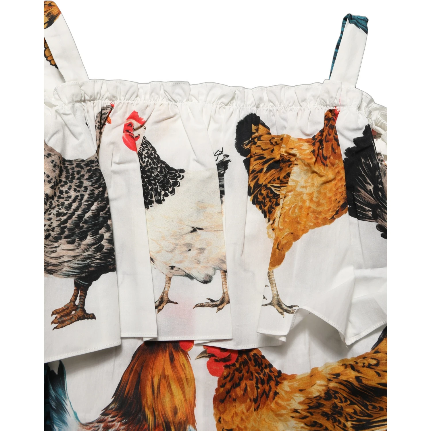 White Rooster Print Poplin Off The Shoulder Top