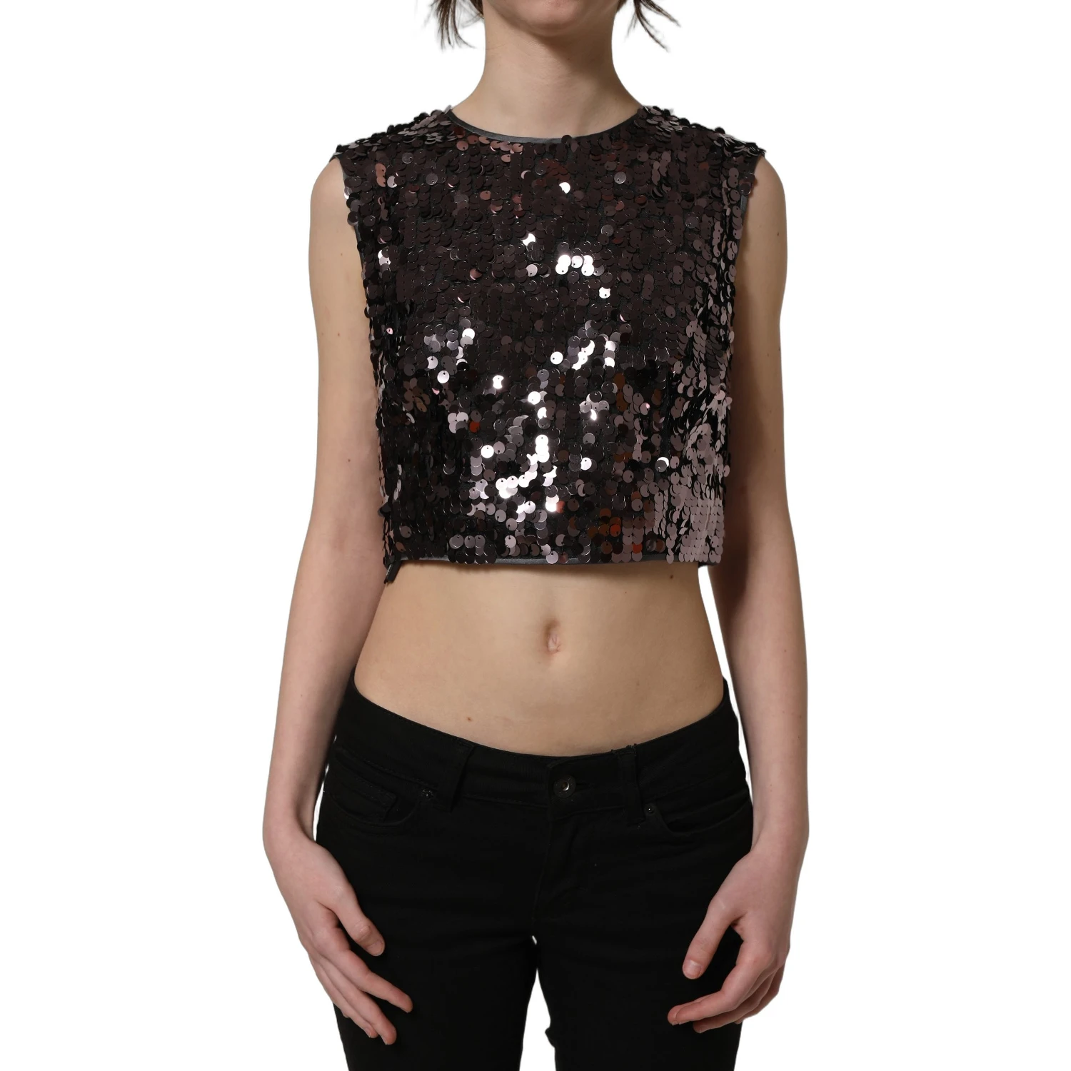 Purple Sequined Sleeveless Cropped Tank Top