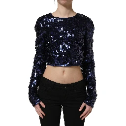 Blue Sequined Long Sleeves Crop Blouse Top