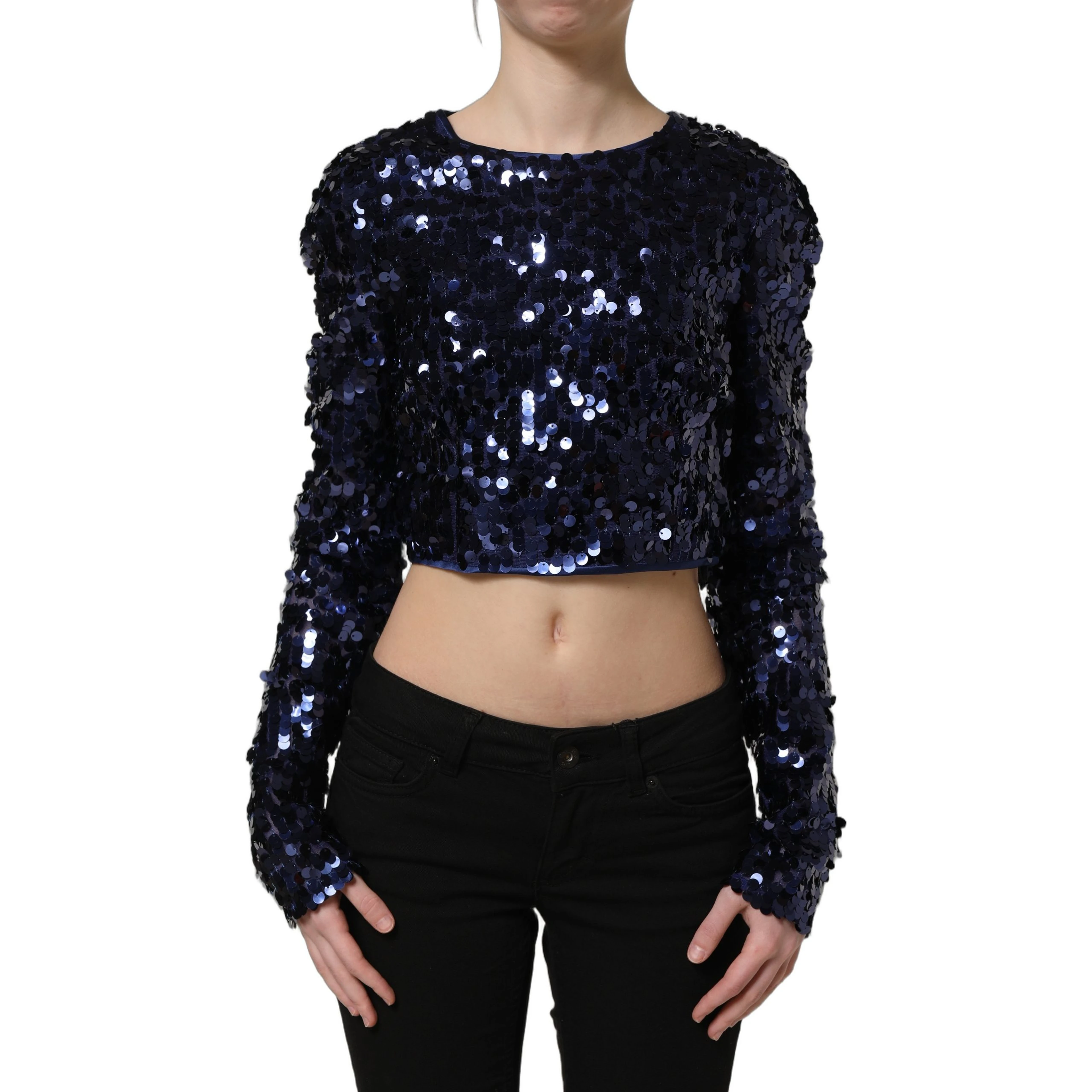 Blue Sequined Long Sleeves Crop Blouse Top