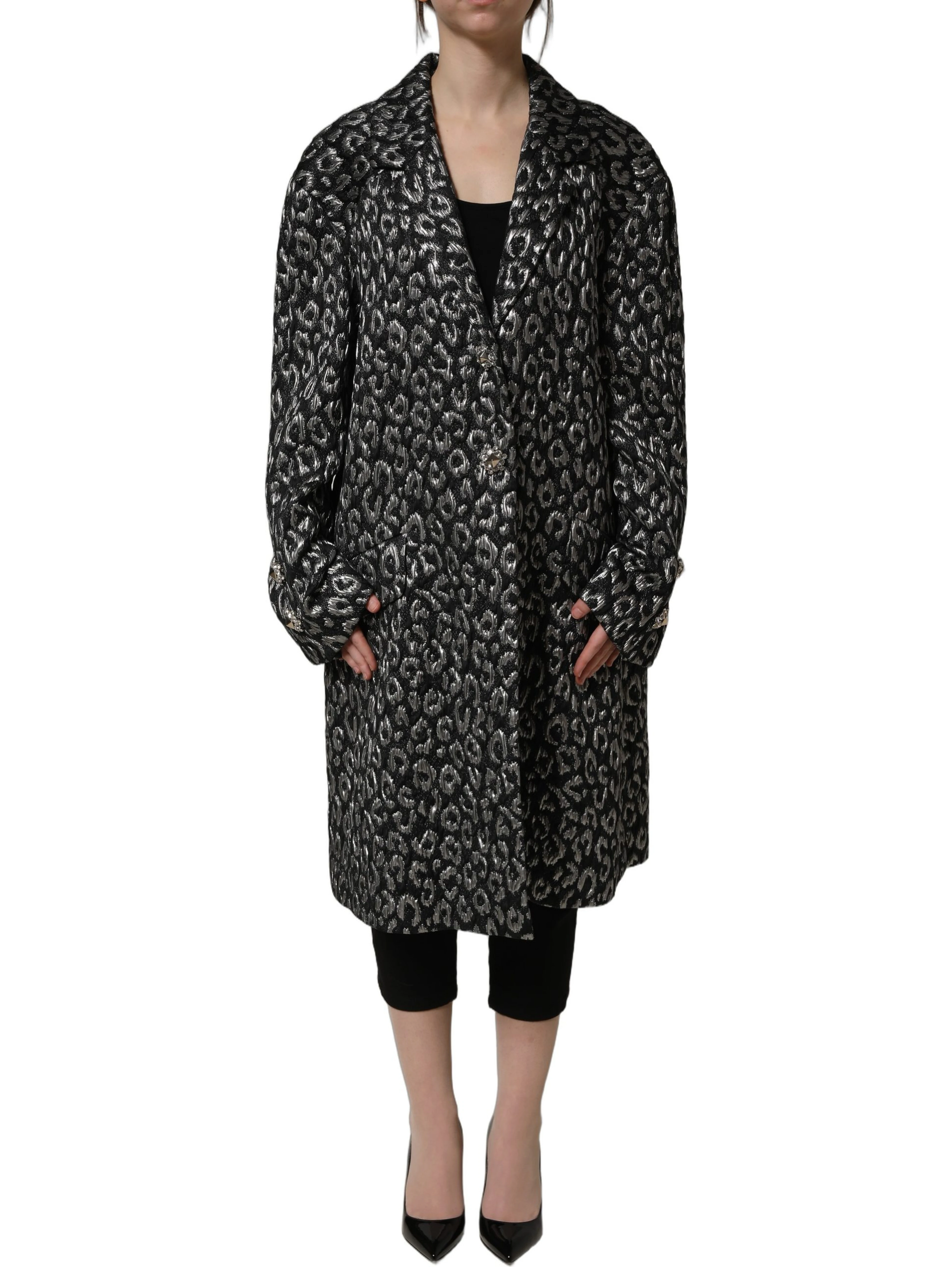 Black Silver Jacquard Leopard Coat Jacket