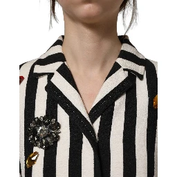 Black White Striped Embellished Coat Jacket
