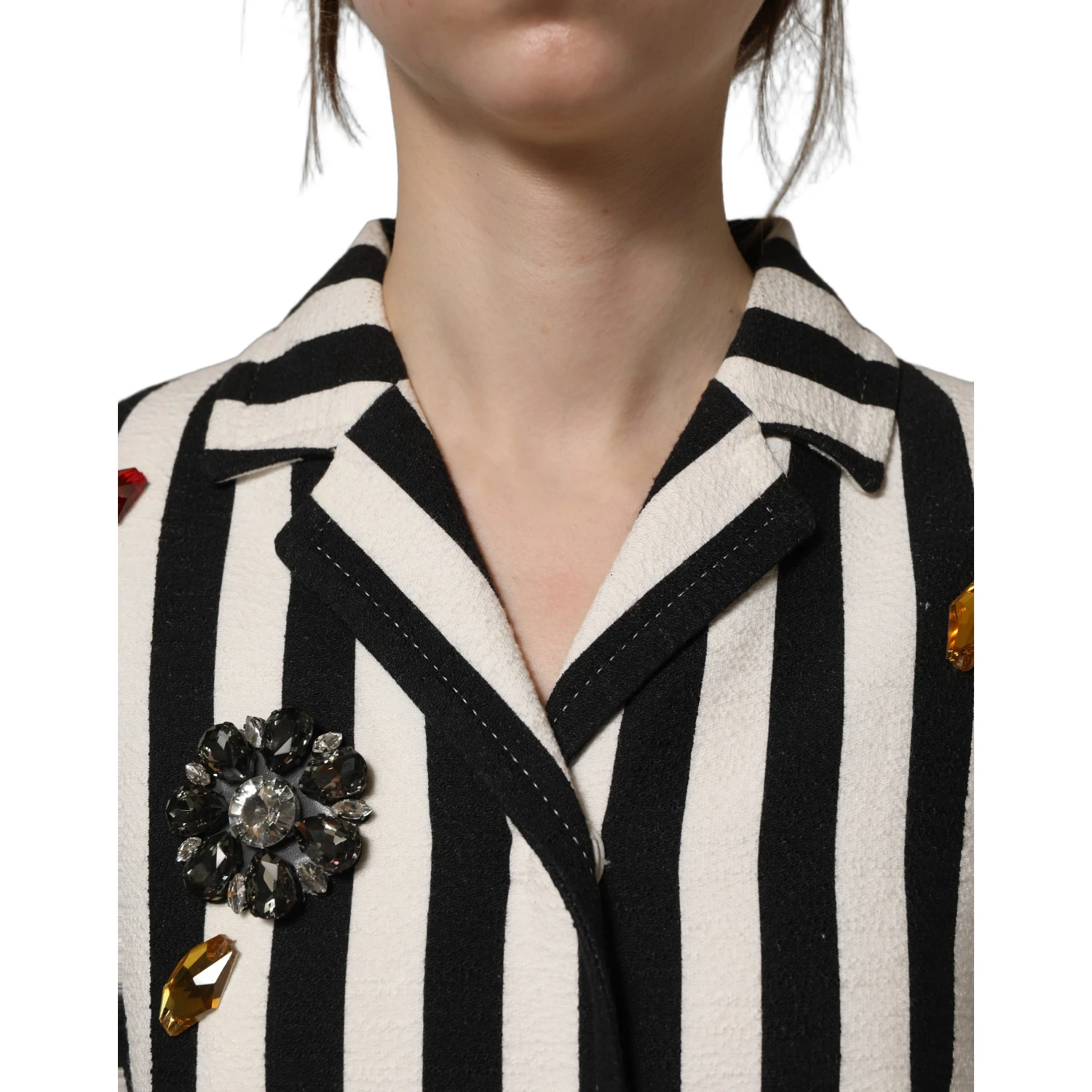 Black White Striped Embellished Coat Jacket