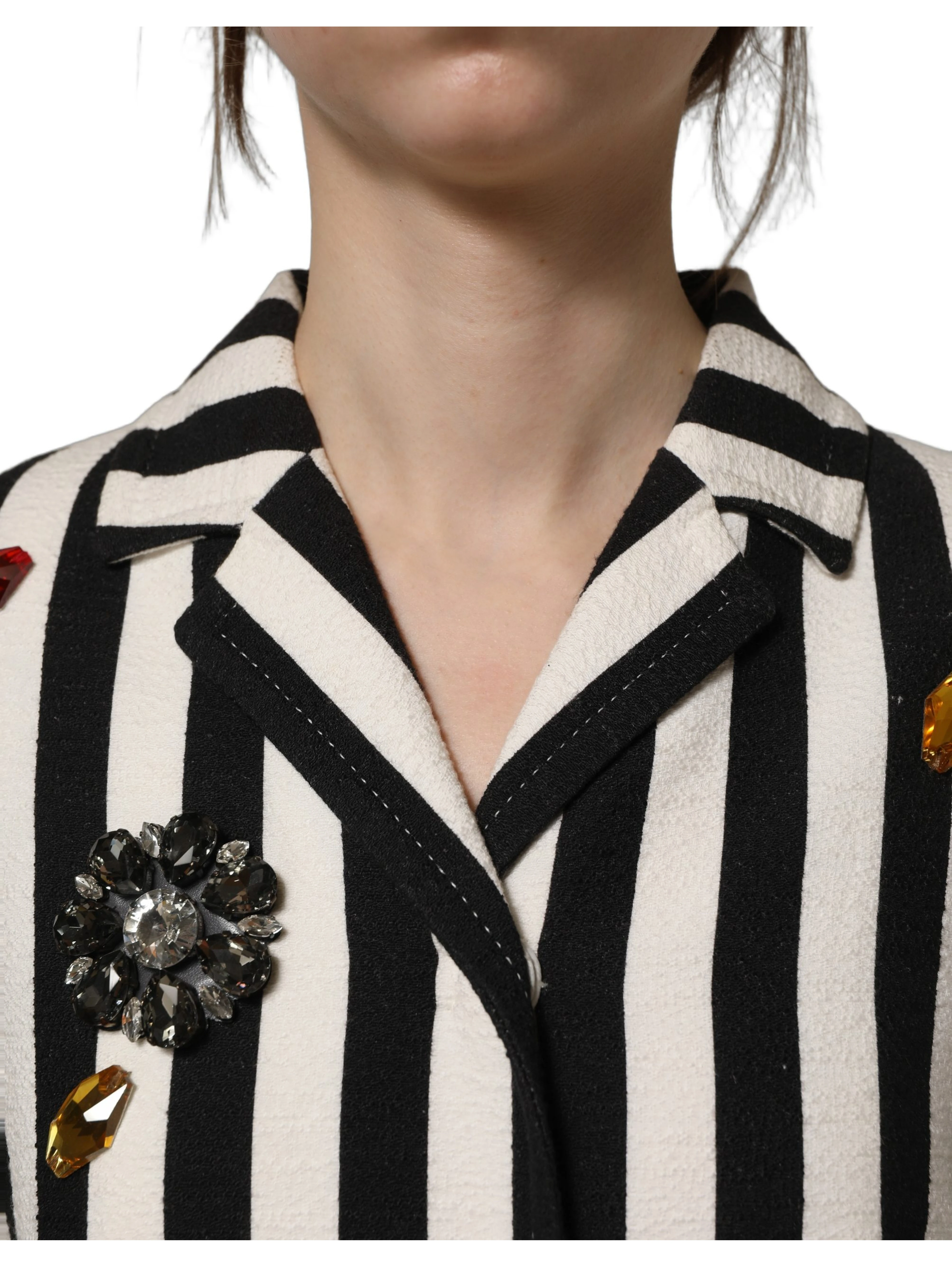 Black White Striped Embellished Coat Jacket