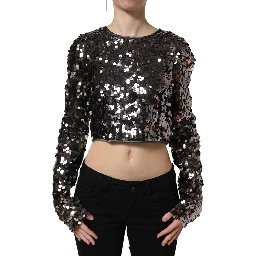 Black Sequined Long Sleeves Crop Blouse Top