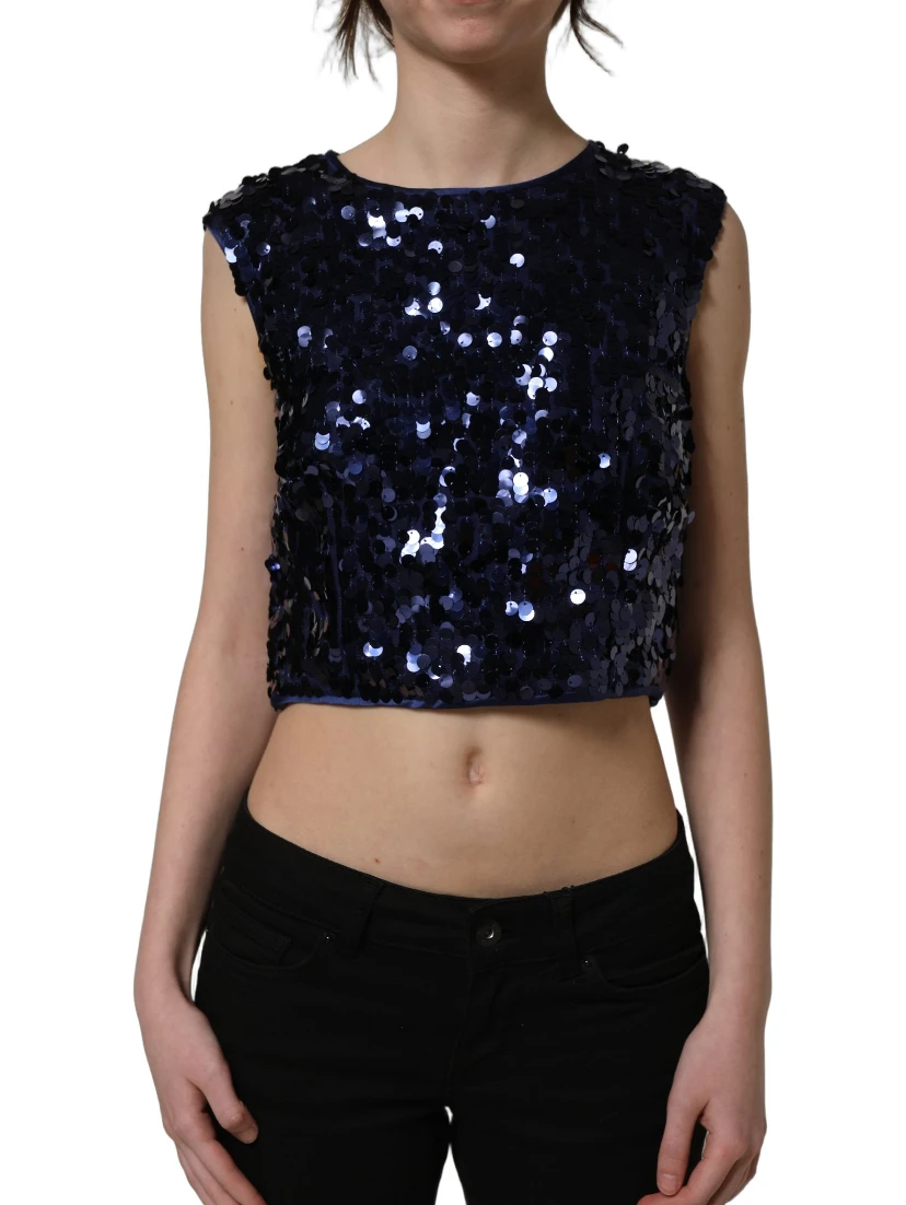 Blue Sequined Sleeveless Cropped Tank Top
