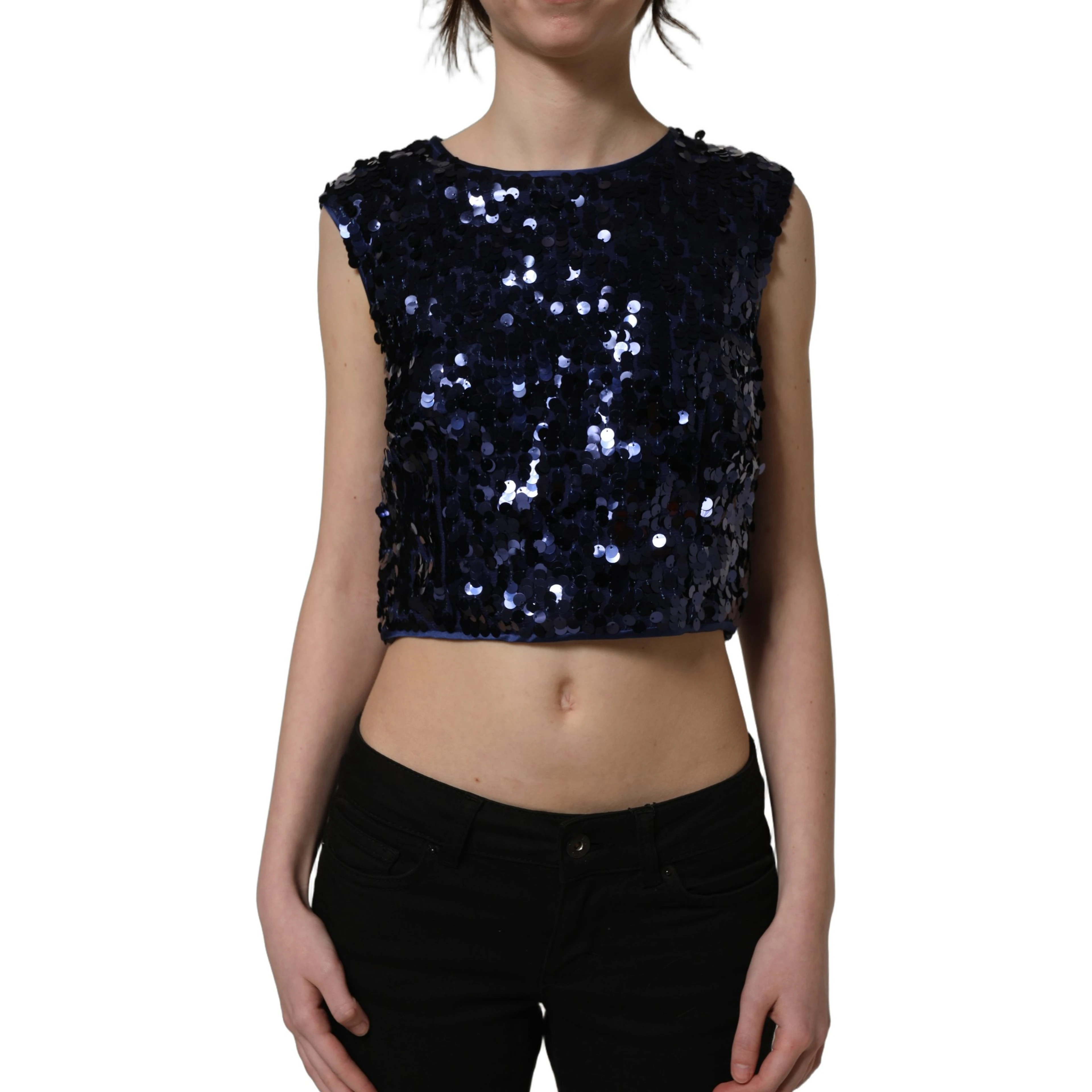 Blue Sequined Sleeveless Cropped Tank Top