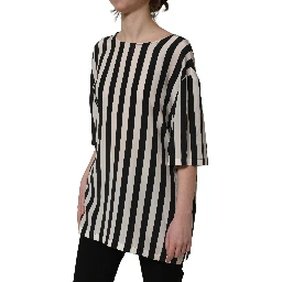 Black White Stripes Round Neck Blouse Top