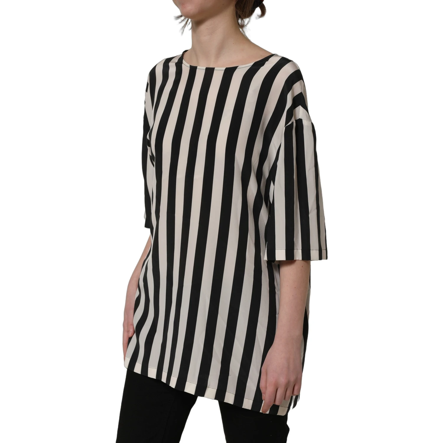 Black White Stripes Round Neck Blouse Top