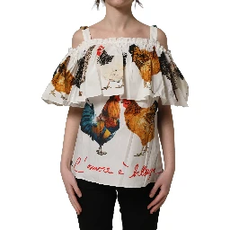 White Rooster Print Poplin Off The Shoulder Top