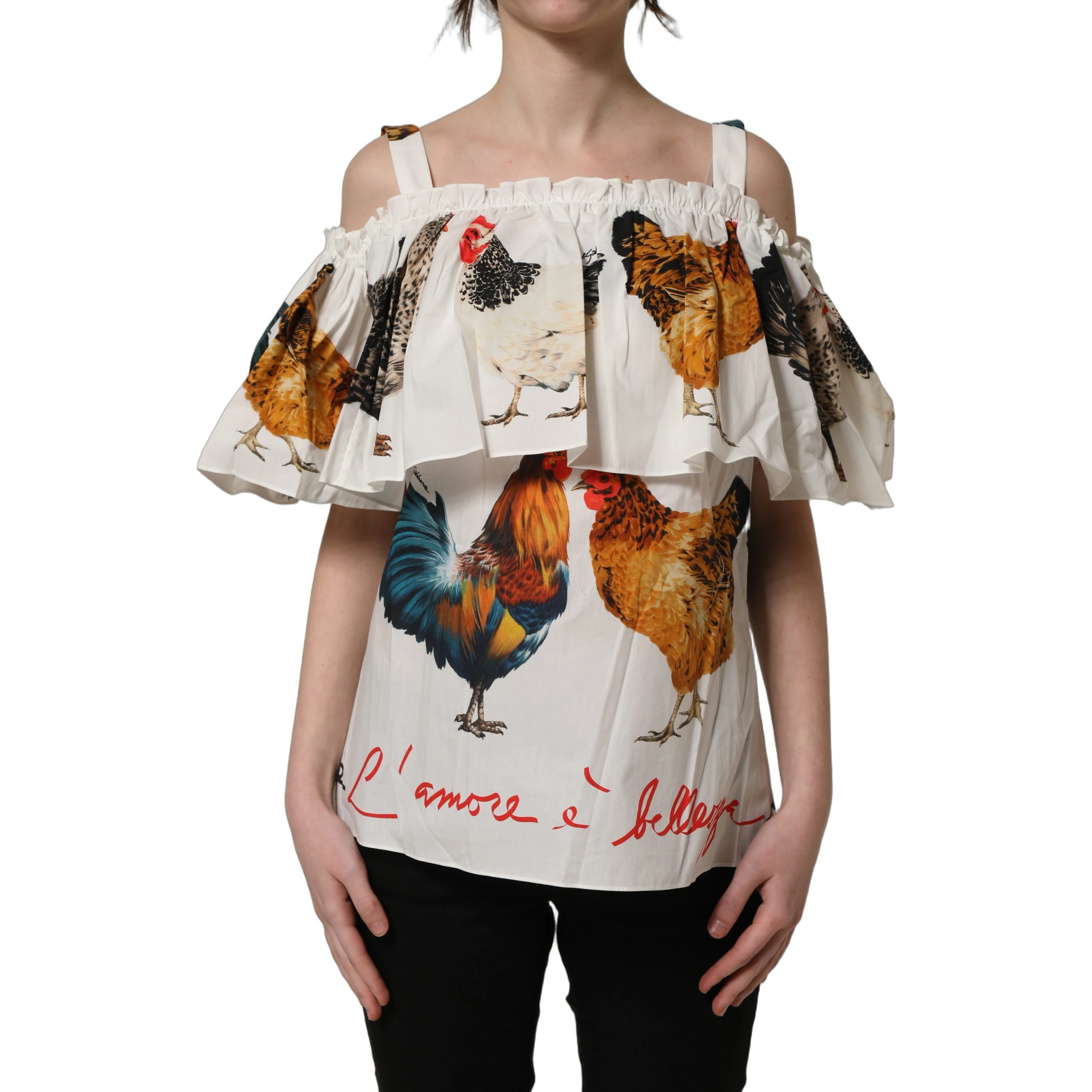 White Rooster Print Poplin Off The Shoulder Top