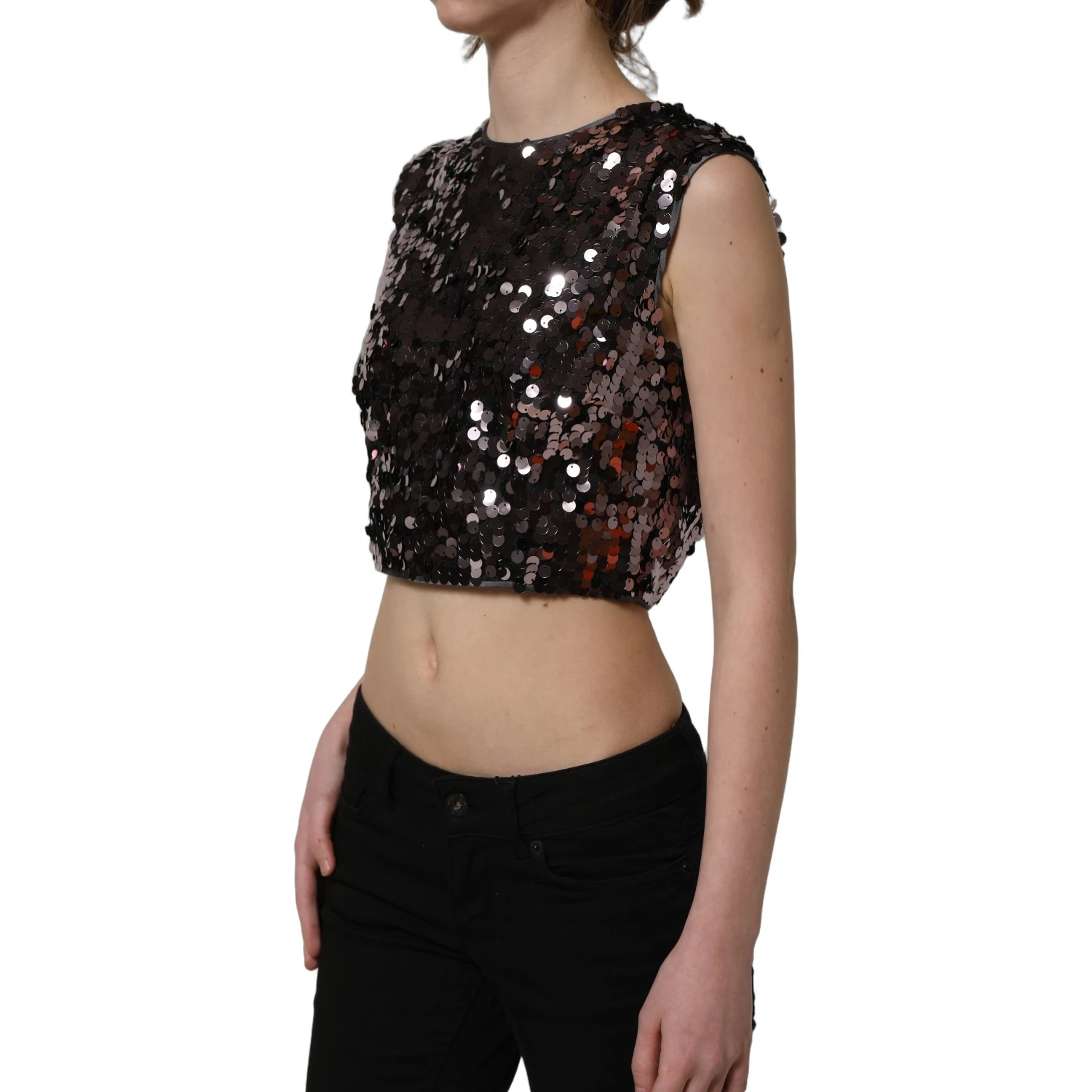Purple Sequined Sleeveless Cropped Tank Top
