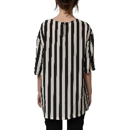 Black White Stripes Round Neck Blouse Top