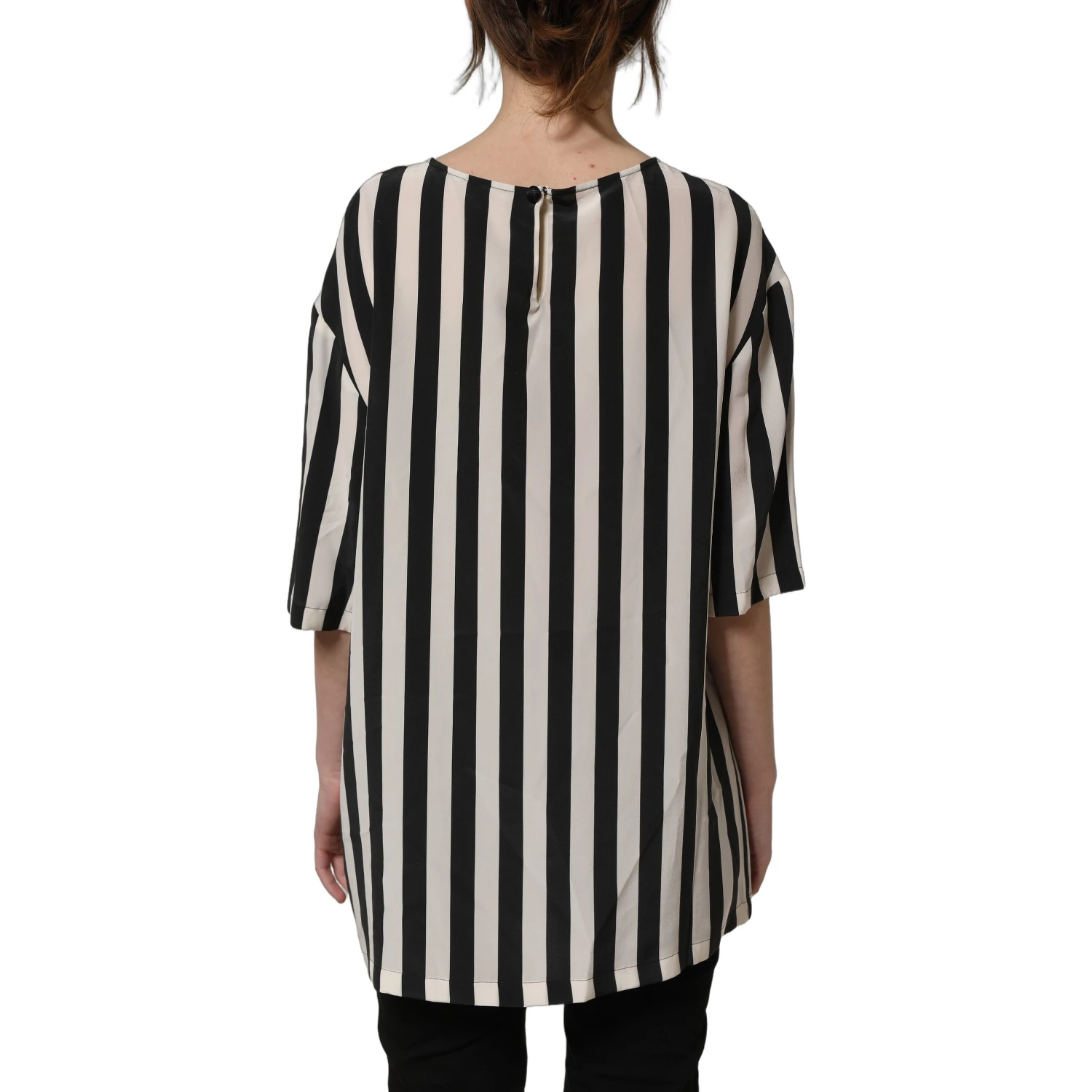 Black White Stripes Round Neck Blouse Top