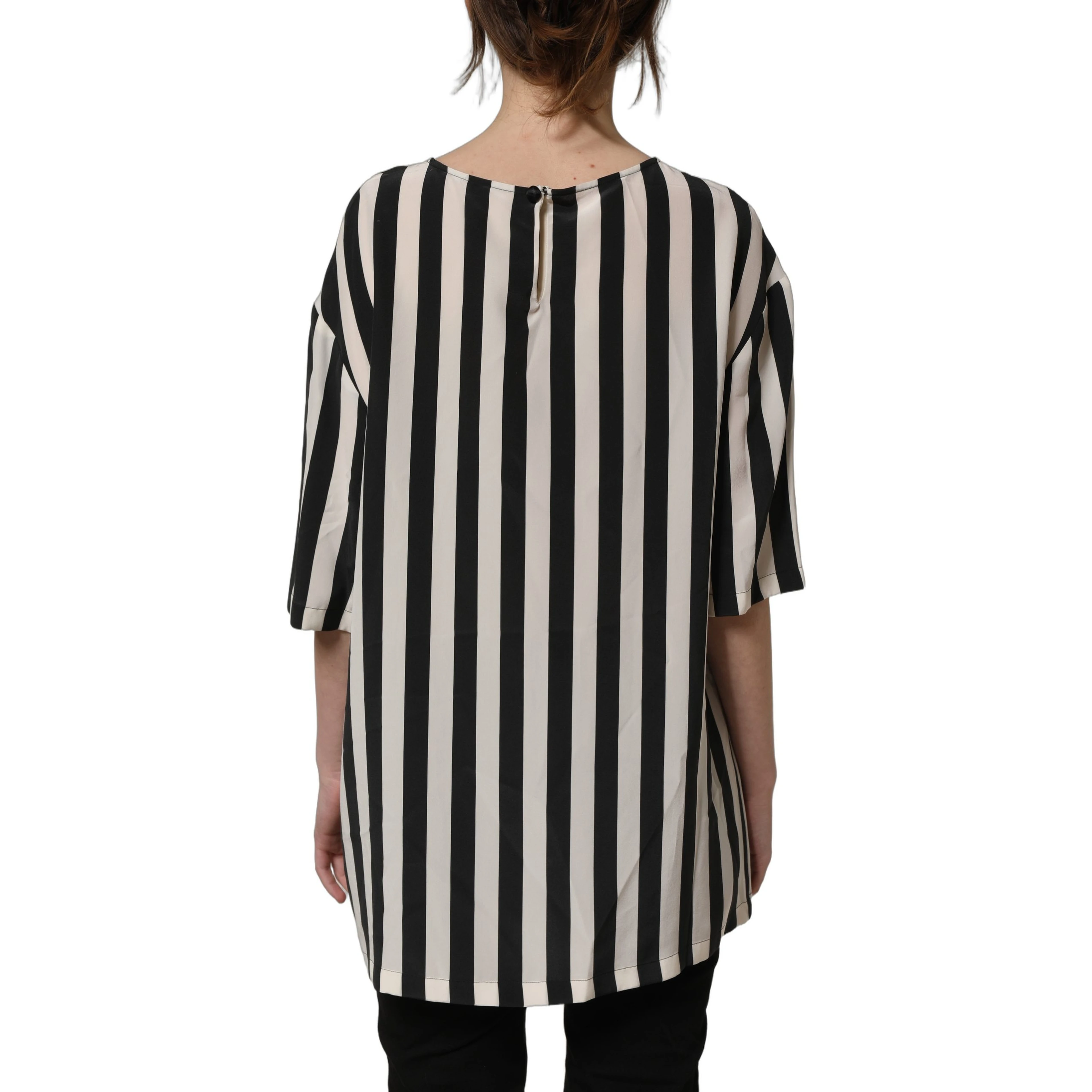 Black White Stripes Round Neck Blouse Top