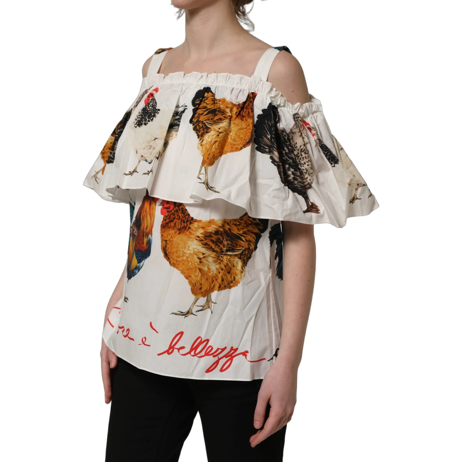 White Rooster Print Poplin Off The Shoulder Top