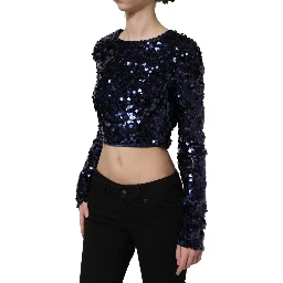 Blue Sequined Long Sleeves Crop Blouse Top