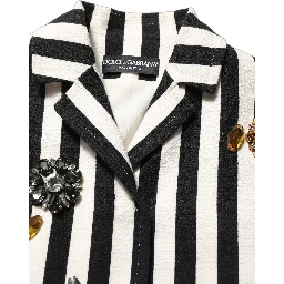 Black White Striped Embellished Coat Jacket