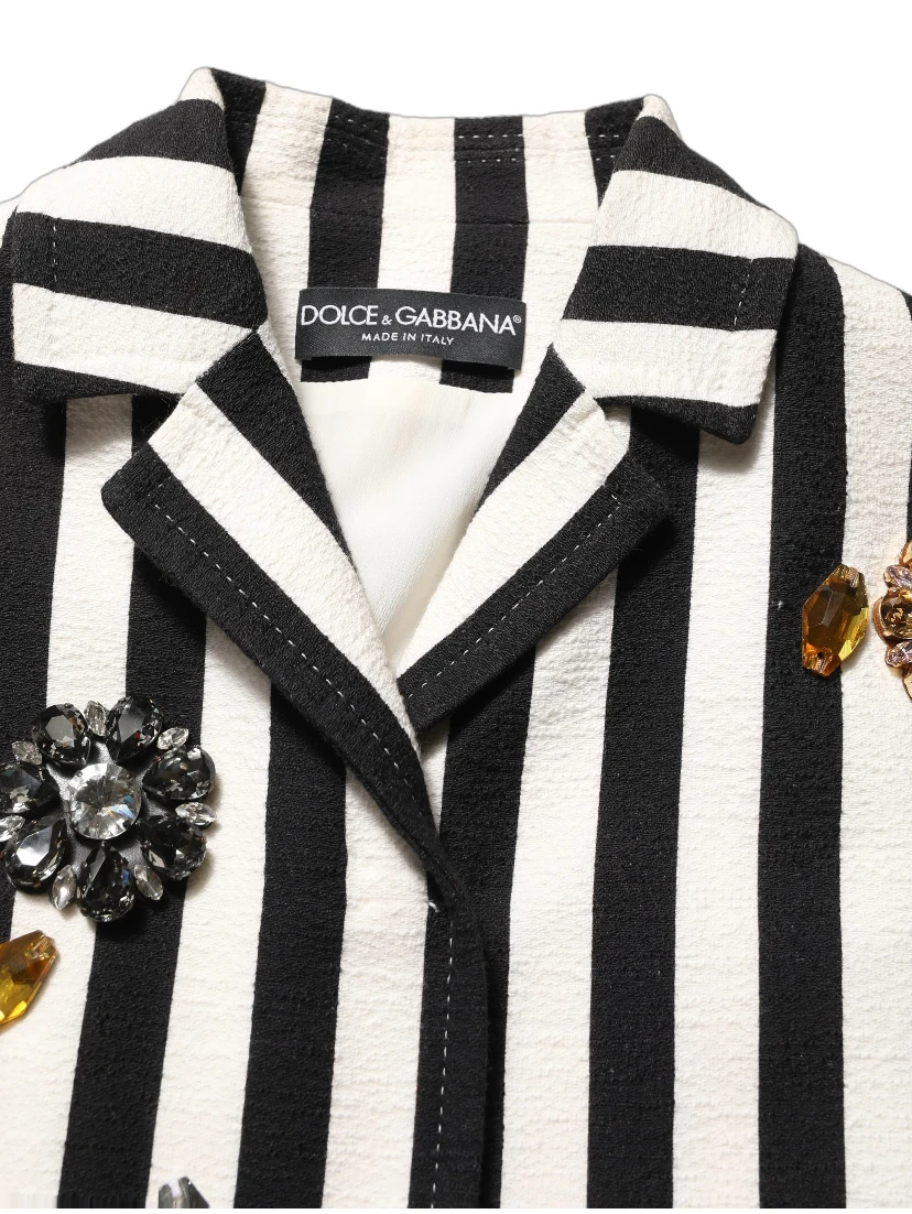 Black White Striped Embellished Coat Jacket