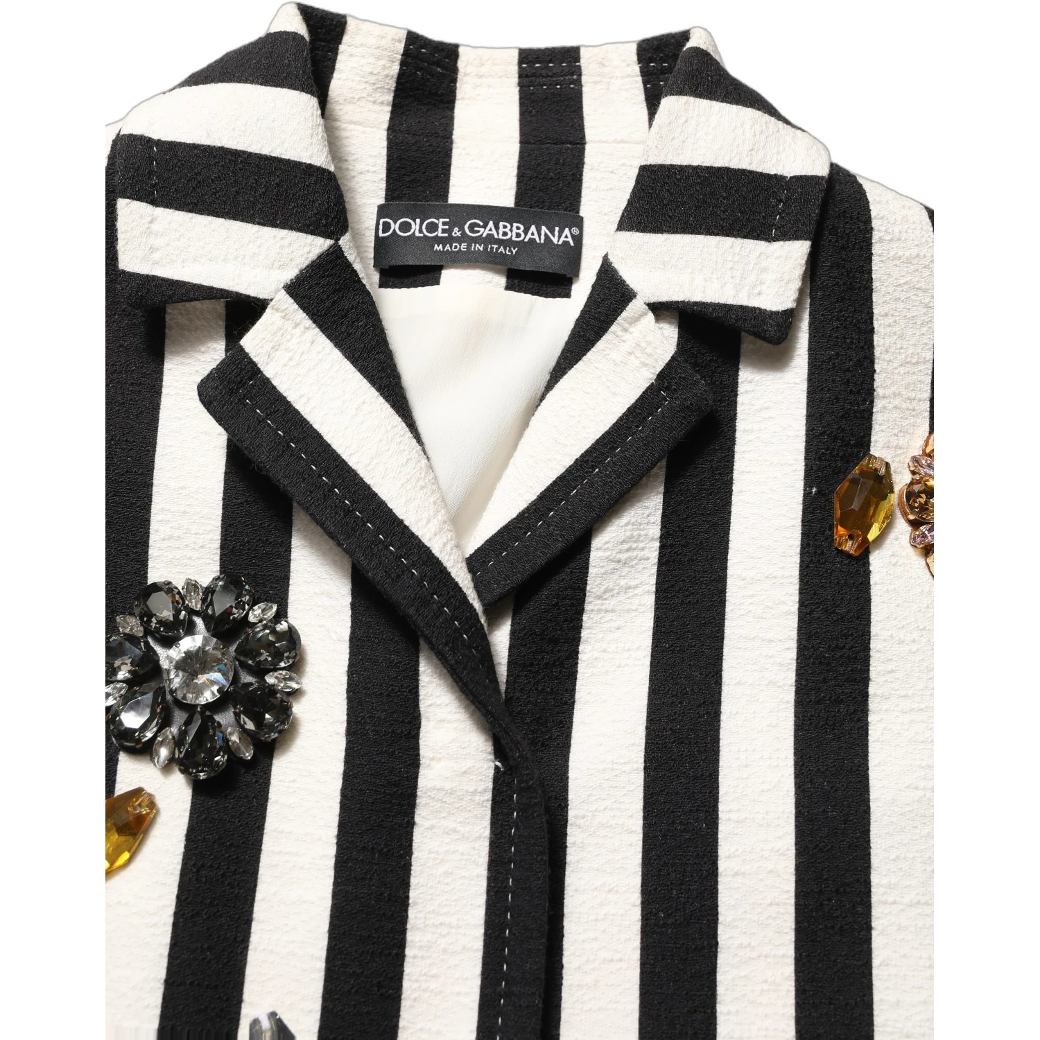 Black White Striped Embellished Coat Jacket
