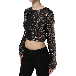 Black Sequined Long Sleeves Crop Blouse Top