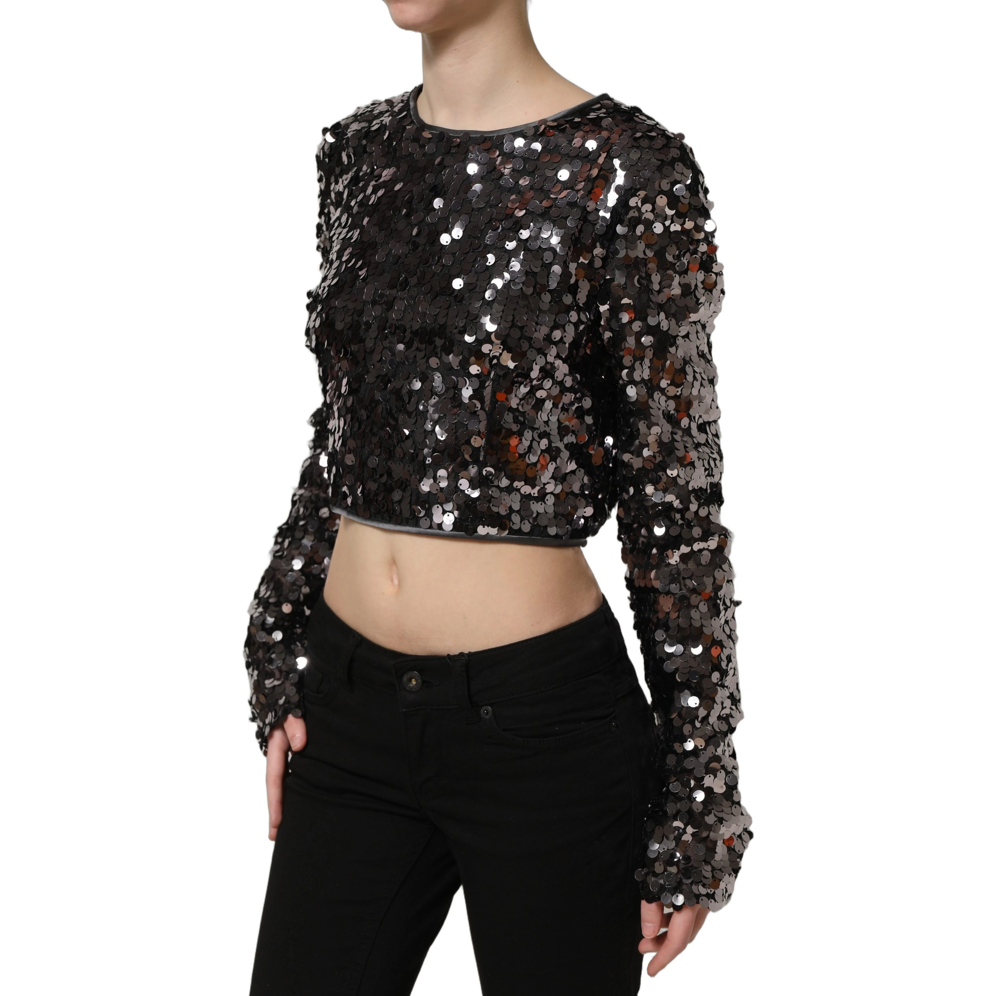 Black Sequined Long Sleeves Crop Blouse Top