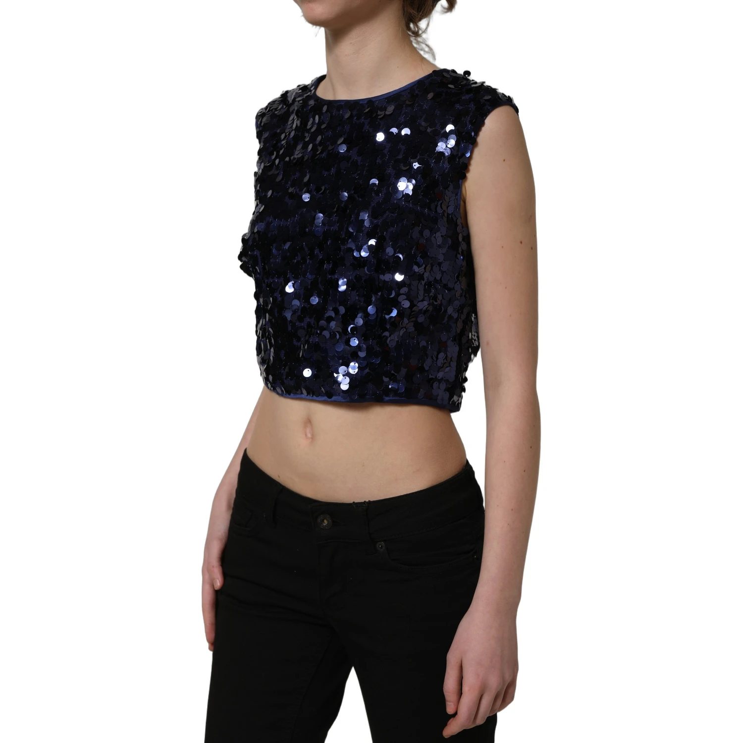 Blue Sequined Sleeveless Cropped Tank Top