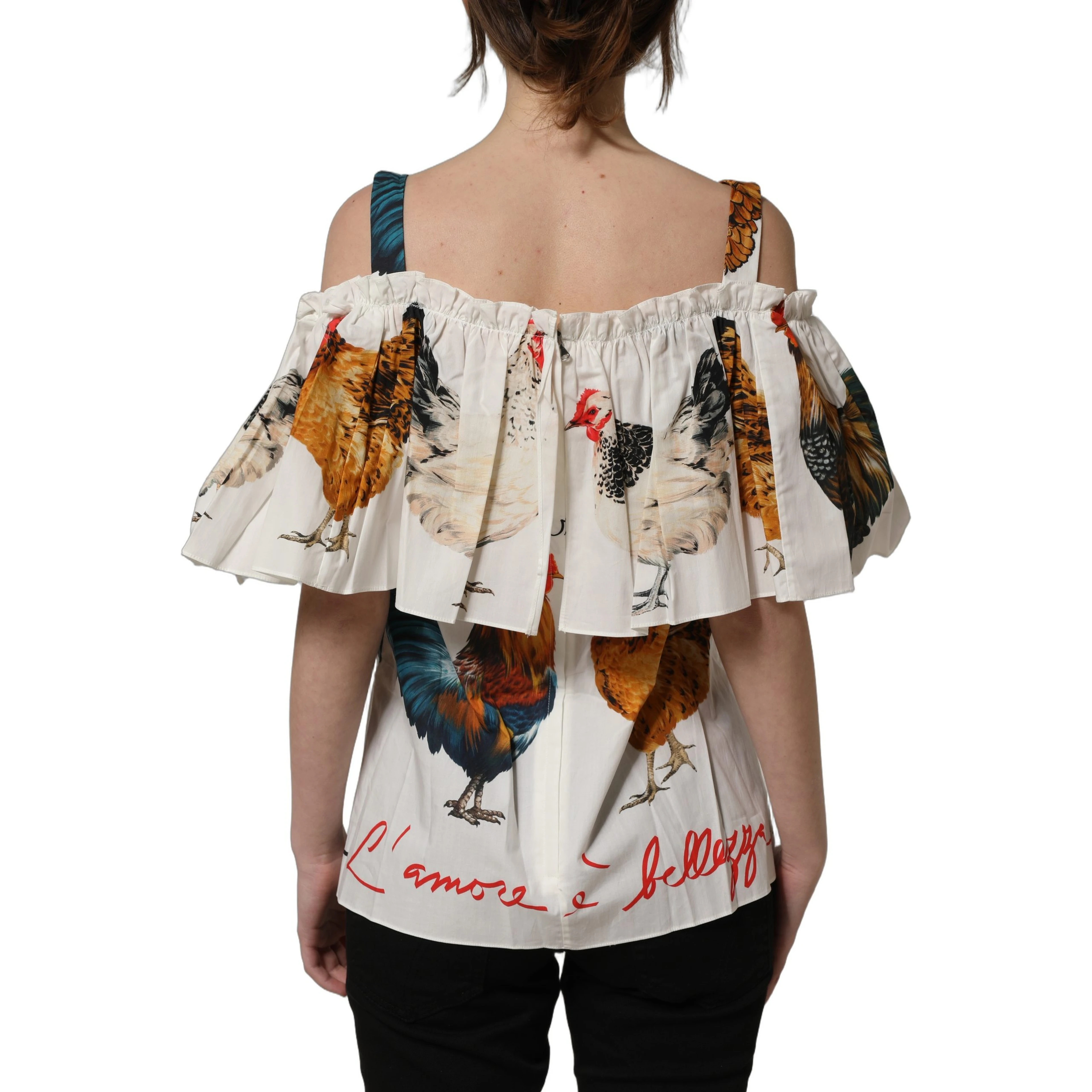 White Rooster Print Poplin Off The Shoulder Top