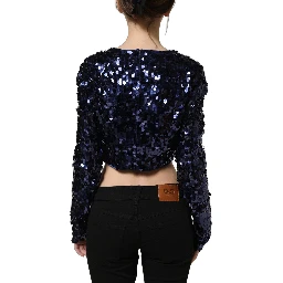Blue Sequined Long Sleeves Crop Blouse Top