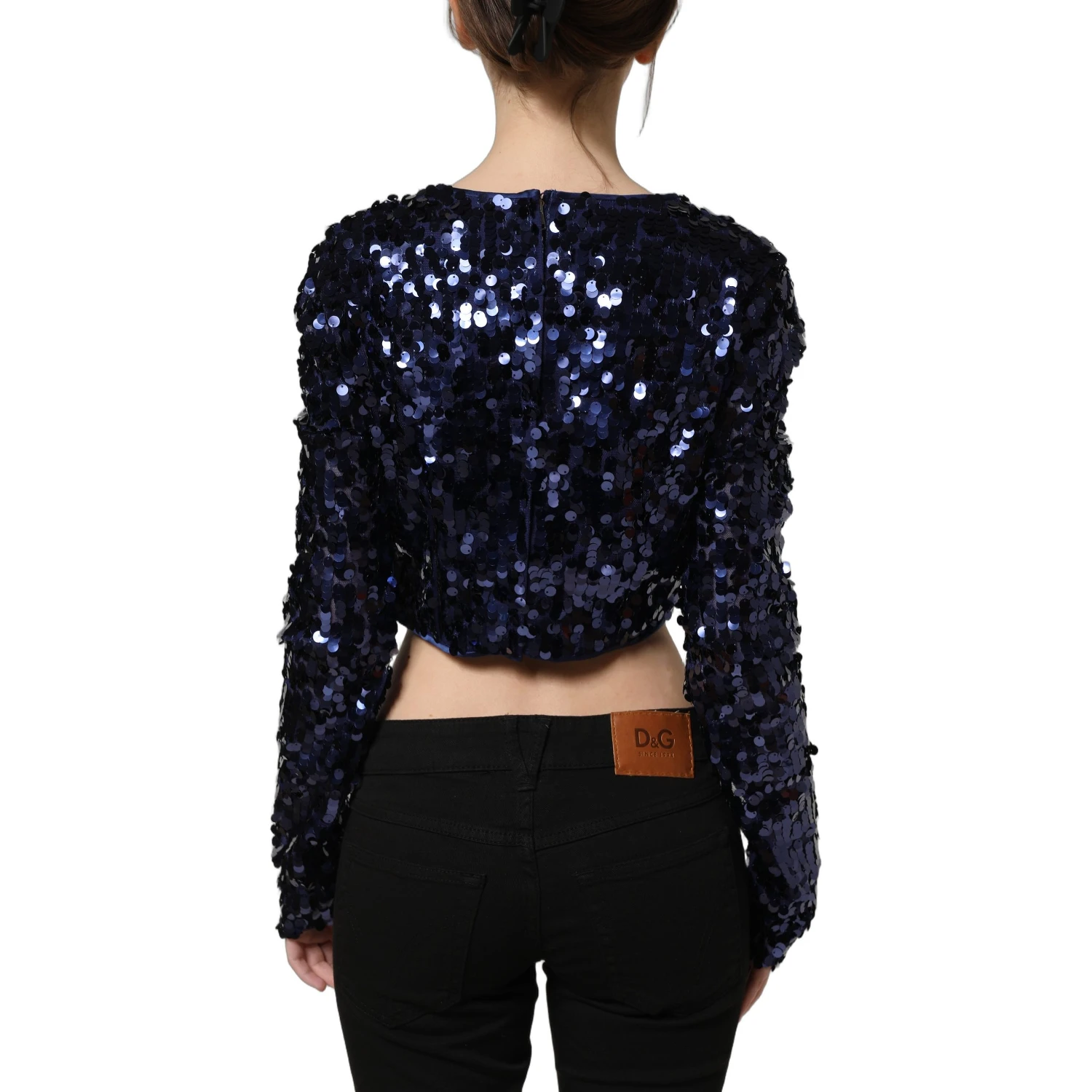 Blue Sequined Long Sleeves Crop Blouse Top