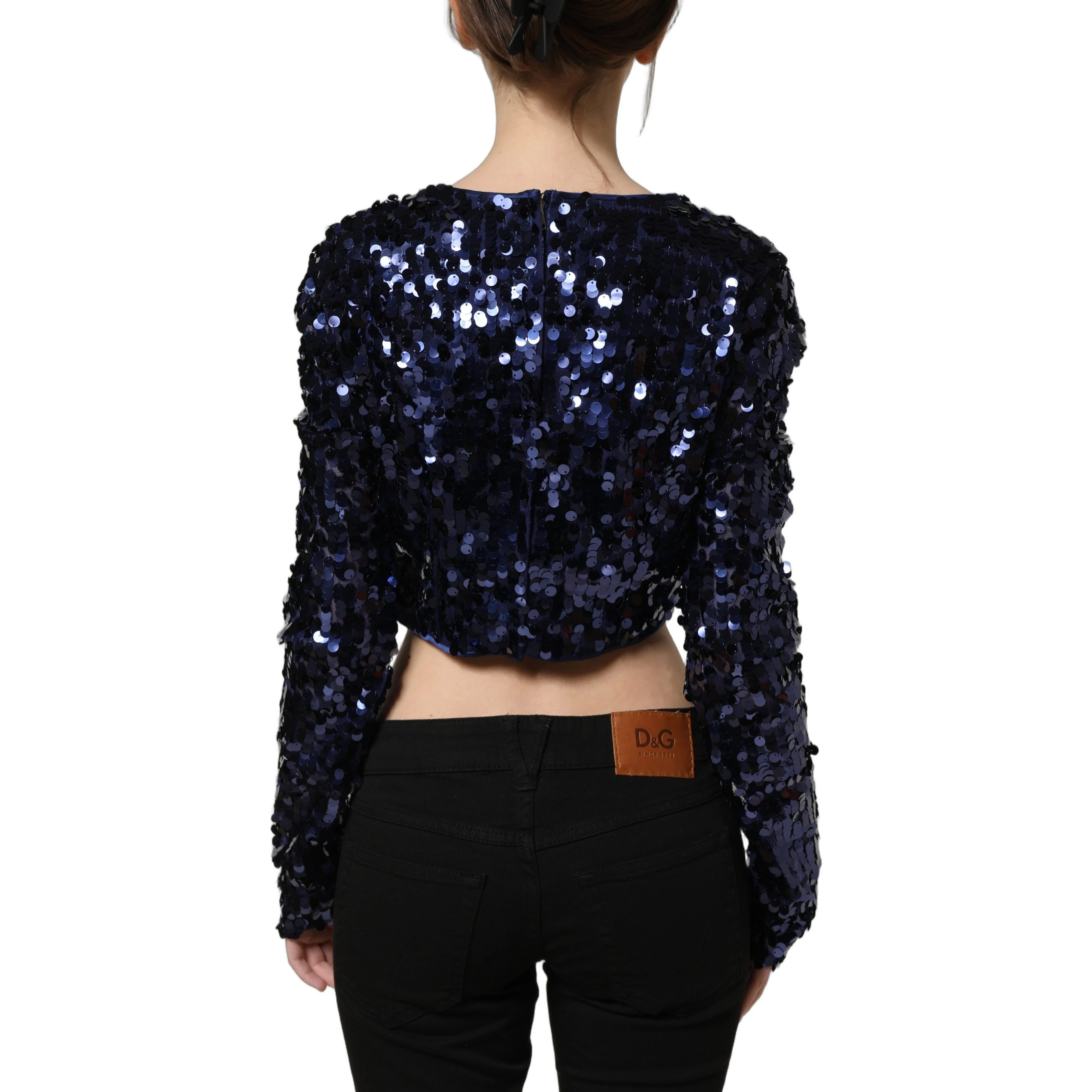 Blue Sequined Long Sleeves Crop Blouse Top