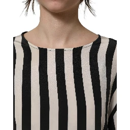 Black White Stripes Round Neck Blouse Top