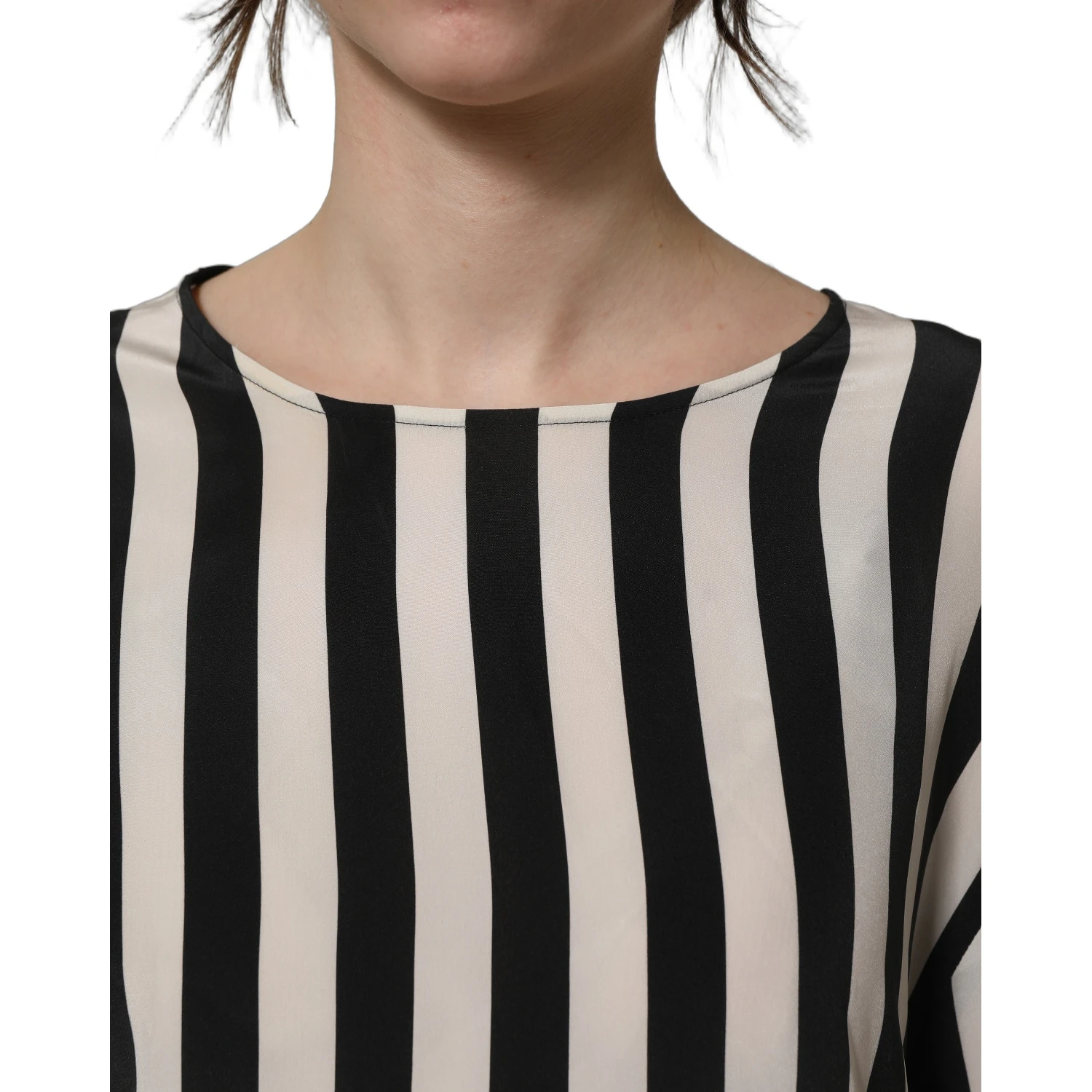 Black White Stripes Round Neck Blouse Top
