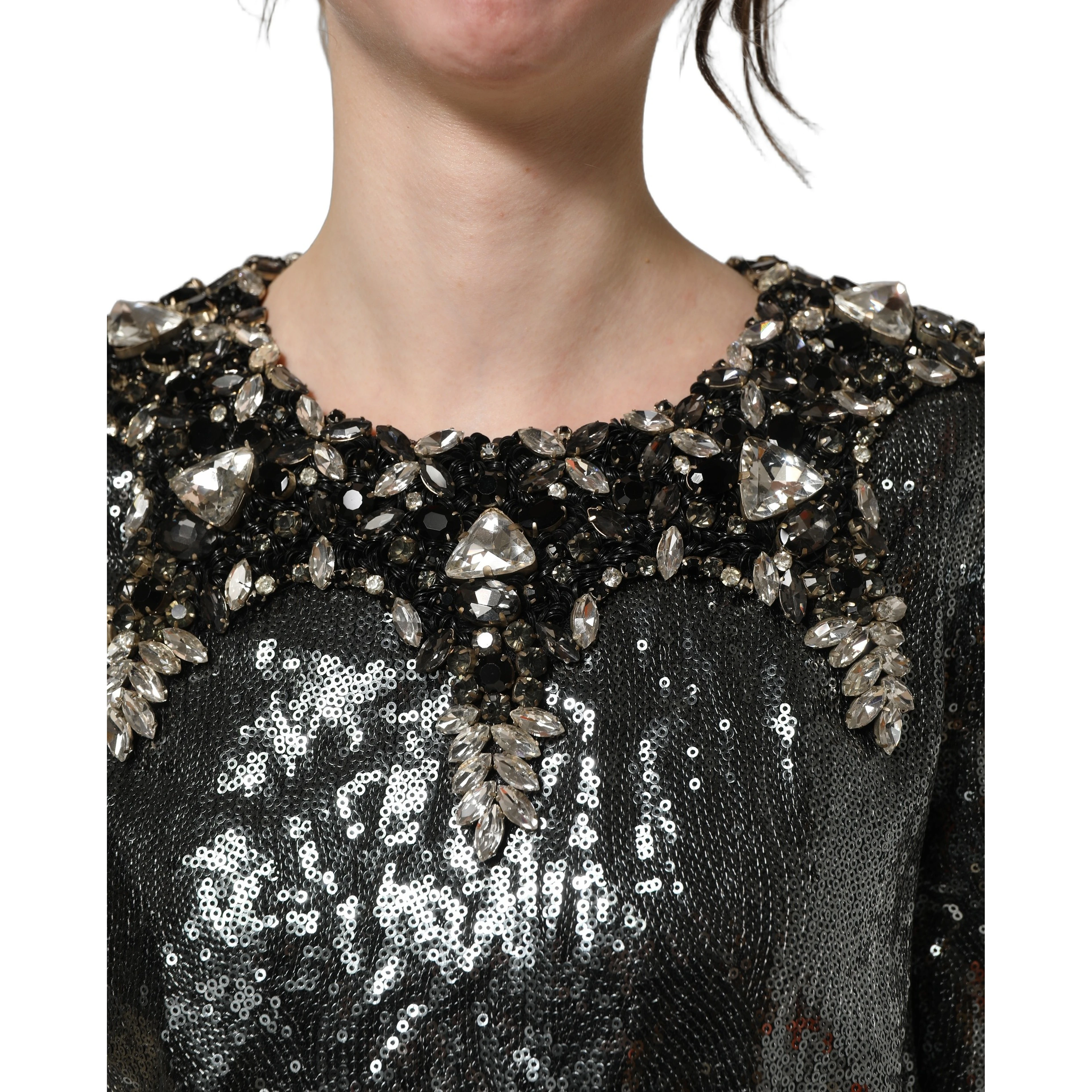 Metallic Gray Sequin Embellished Blouse Top