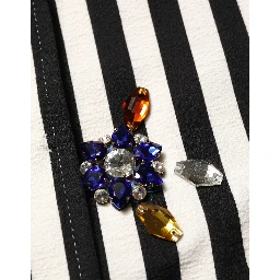 Black White Striped Embellished Coat Jacket