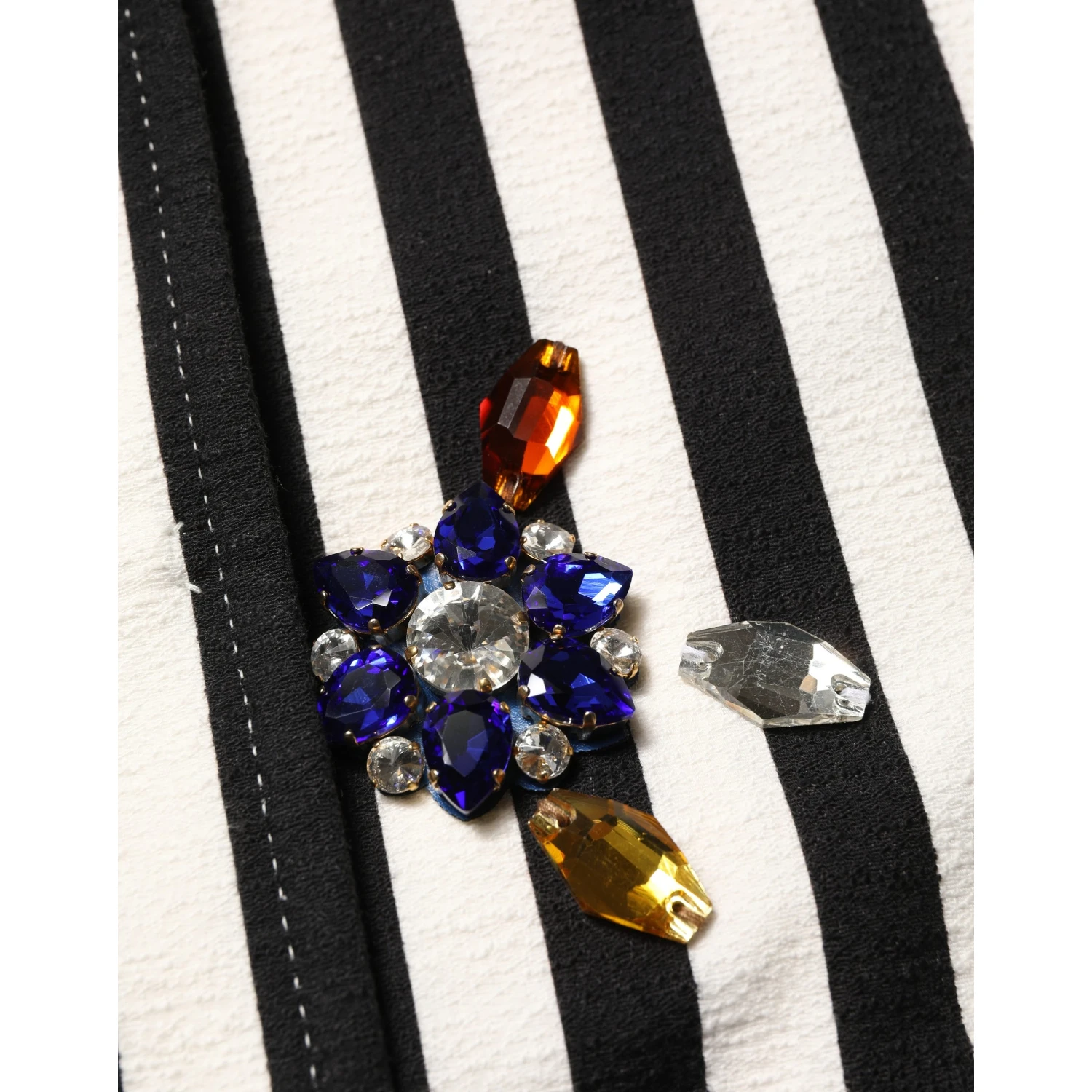 Black White Striped Embellished Coat Jacket