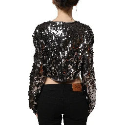 Black Sequined Long Sleeves Crop Blouse Top
